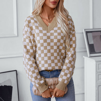Pull femme décontracté à col en V avec motif à carreaux et coupe ample Chic und Stil