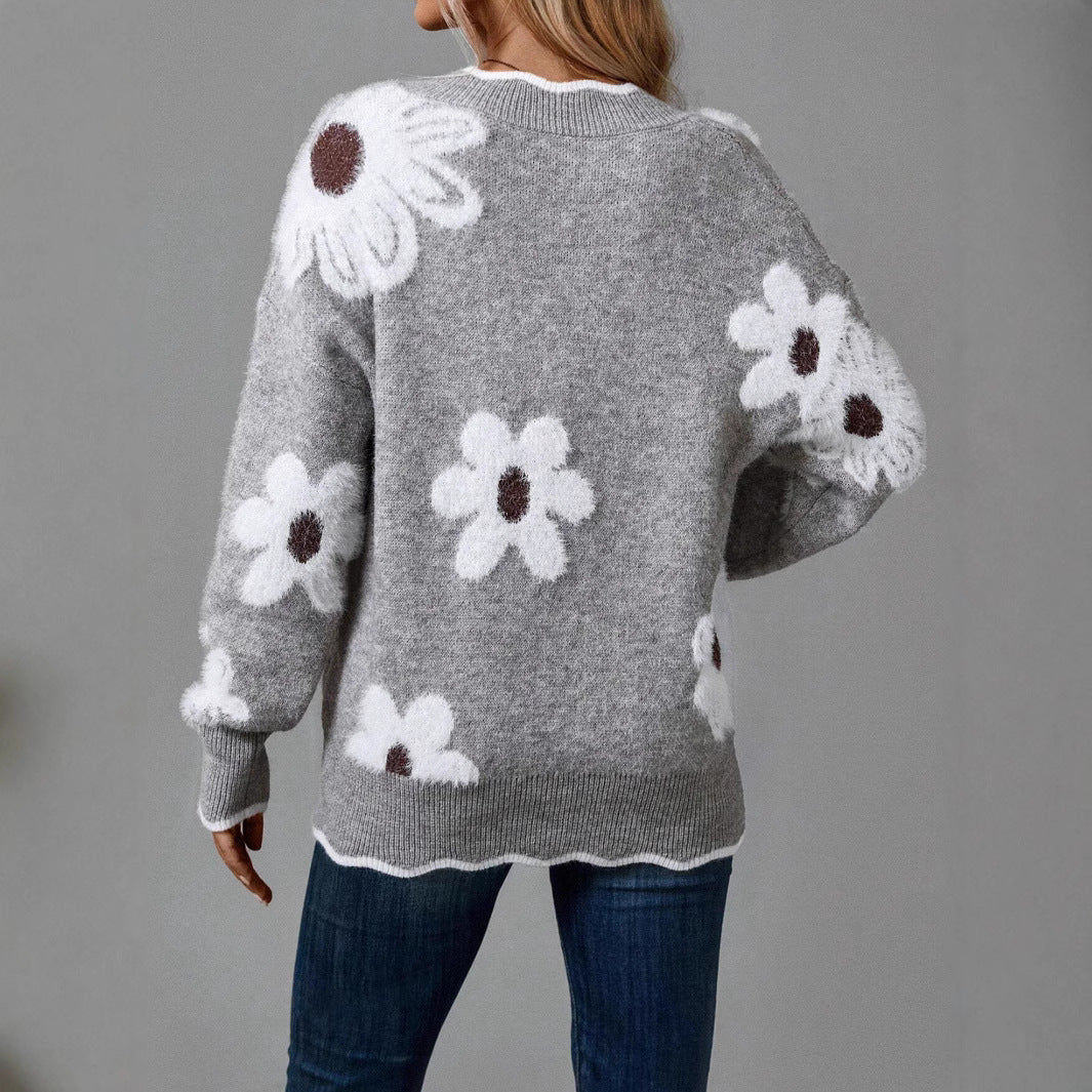 Pull en tricot pour femmes avec design floral et col en V Chic und Stil