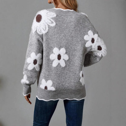 Pull en tricot pour femmes avec design floral et col en V Chic und Stil