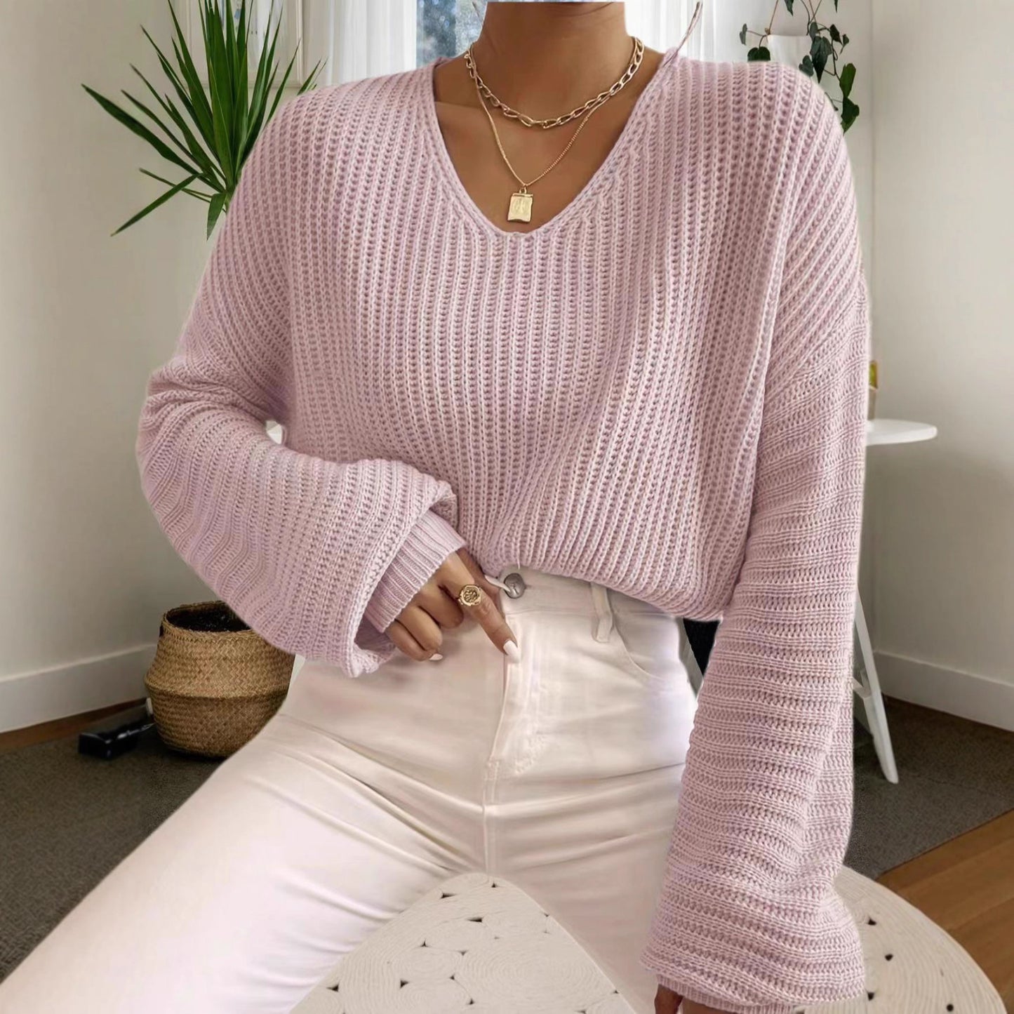 Pull structuré pour femmes avec décolleté en V et manches larges Chic und Stil