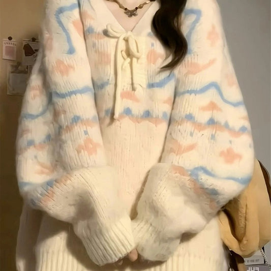 Pull décontracté pour femmes avec décolleté en V et lacets à la mode Chic und Stil