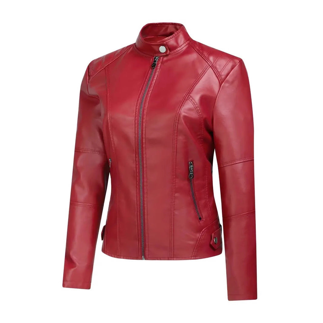 Dames Élégante Veste de Moto en Cuir Synthétique avec Col Haut et Fermeture Éclair Asymétrique Chic und Stil