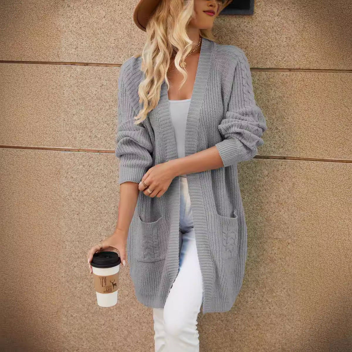 Cardigan tricot décontracté pour femmes avec motif en torsades et poches pratiques Chic und Stil