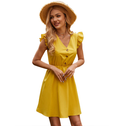 Robe courte à manches courtes pour dames avec détails en volants et design à boutons Chic und Stil