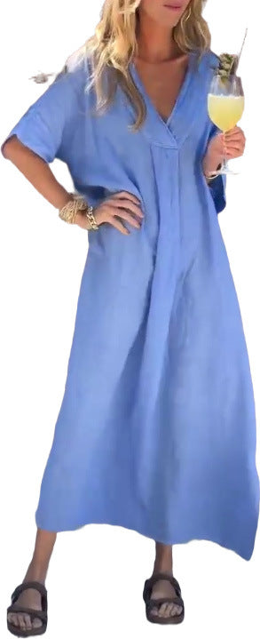 Robe maxi en lin décontractée pour femmes avec décolleté en V et manches larges Chic und Stil