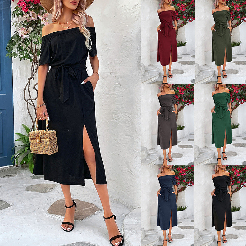 Robe maxi décolleté pour femmes avec fente élégante et ceinture à la taille Chic & Stil