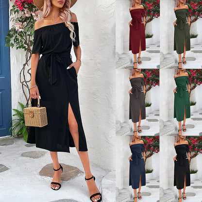 Robe maxi décolleté pour femmes avec fente élégante et ceinture à la taille Chic & Stil