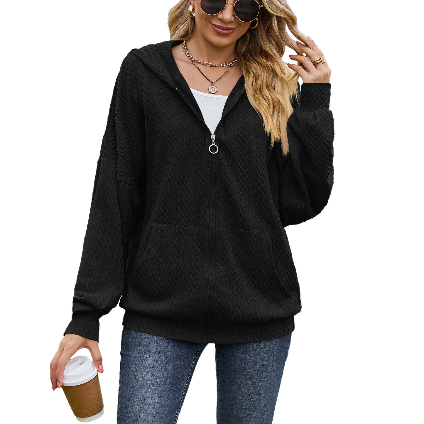 Dames Pull à capuche surdimensionné avec motif texturé et poches pratiques Chic und Stil
