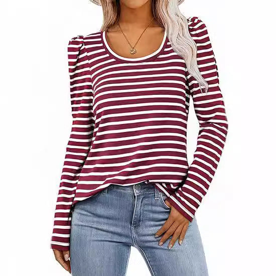 T-shirt rayé à manches longues pour femmes avec manches bouffantes Chic und Stil