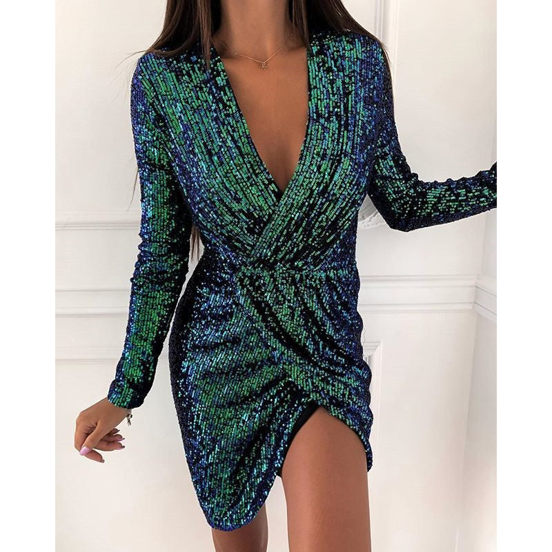 Robe de cocktail brillante pour femmes avec décolleté en V et manches longues Chic und Stil