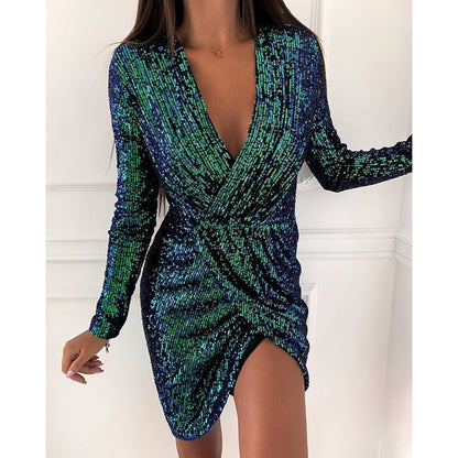 Robe de cocktail brillante pour femmes avec décolleté en V et manches longues Chic und Stil