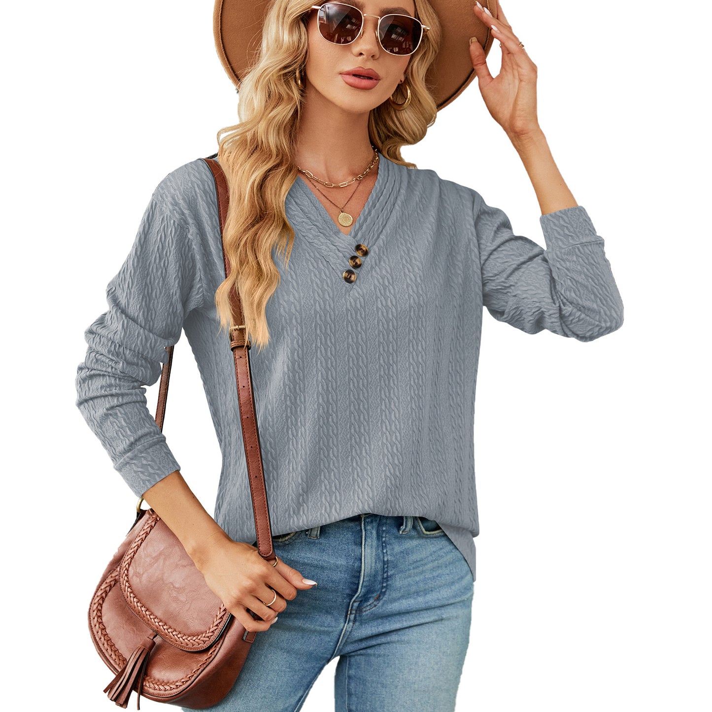 Femme haut en pull V décolleté tendance avec structure Chic und Stil