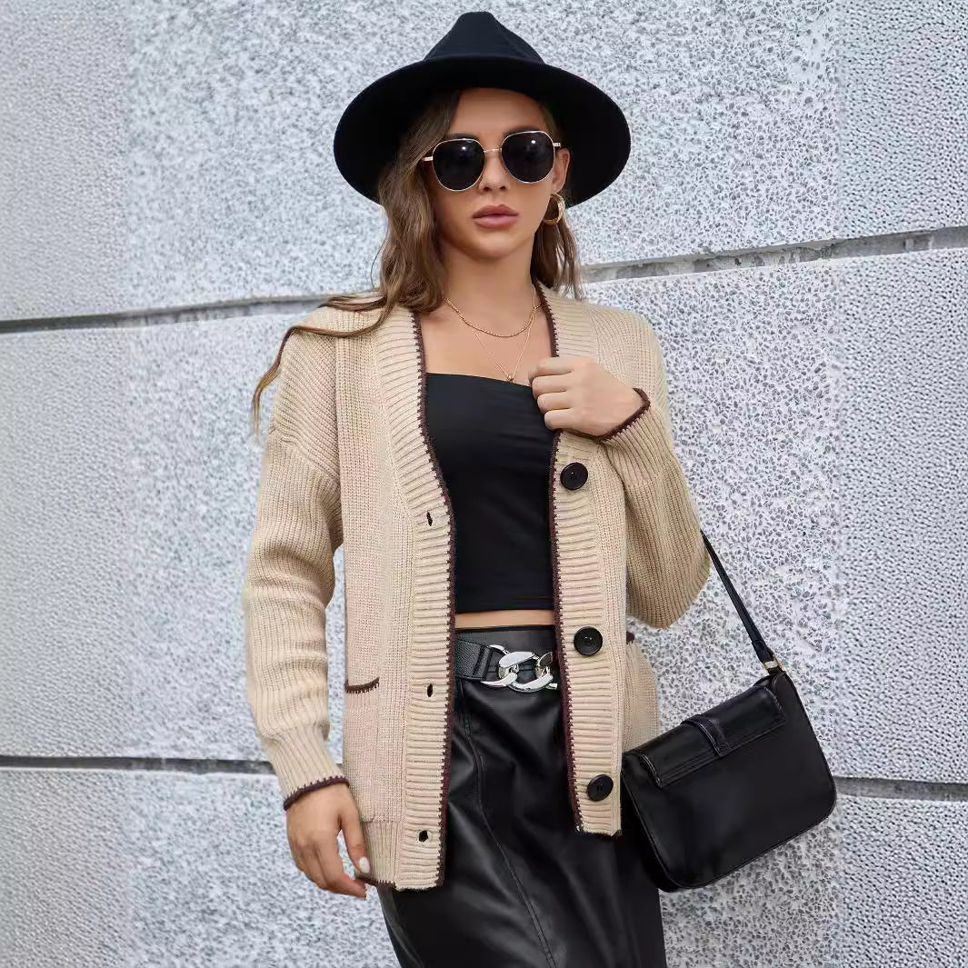 Dames gros tricot cardigan avec décolleté en V profond et poches pratiques Chic und Stil