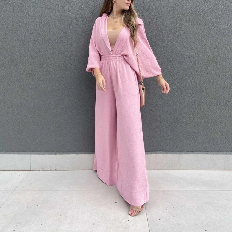Dames Ensemble de blouse décontracté avec pantalon large et top à boutons Chic und Stil