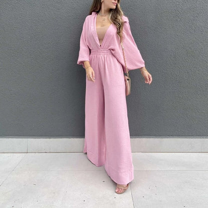 Dames Ensemble de blouse décontracté avec pantalon large et top à boutons Chic und Stil