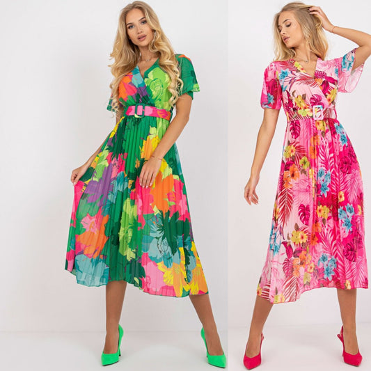 Robe midi portefeuille plissée pour femmes avec motif floral coloré Chic und Stil
