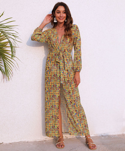 Femme Robe Maxi Enveloppe à Manches Longues Chic und Stil