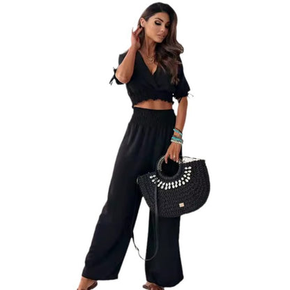 Dames Crop Smocked Top avec pantalon large Chic und Stil