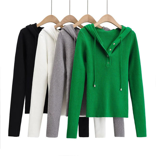 Pull en tricot décontracté pour femmes avec capuche et boutons Chic und Stil