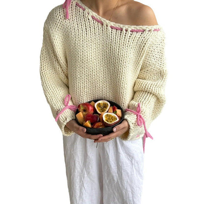 Pull décontracté pour femmes avec épaule dénudée et ceinture décorative à nouer Chic und Stil