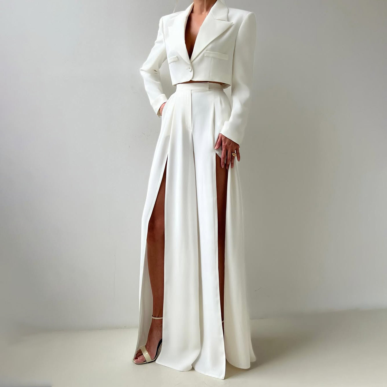 Dames élégant Crop-Blazer avec jupe maxi fendue Chic und Stil