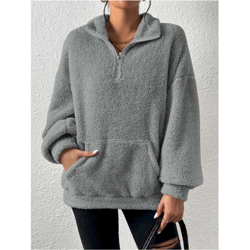Dames Pull et Teddy Doux avec demi-zip et poche kangourou Chic und Stil