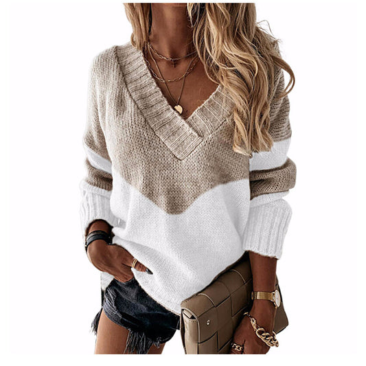 Pull à col en V pour dames avec jeu de couleurs géométrique Chic und Stil