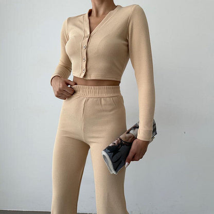 Casual women's set in ribbed fabric with crop top and wide pants Chic and Style