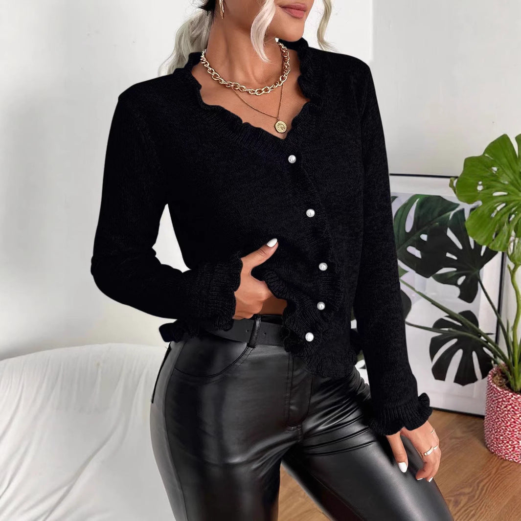 Knit jacket for women with ruffled details and button closure Chic und Stil