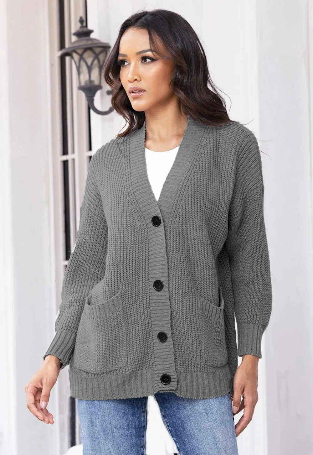 Dames Gros Tricot Cardigan avec poches pratiques et fermeture à boutons classique Chic und Stil