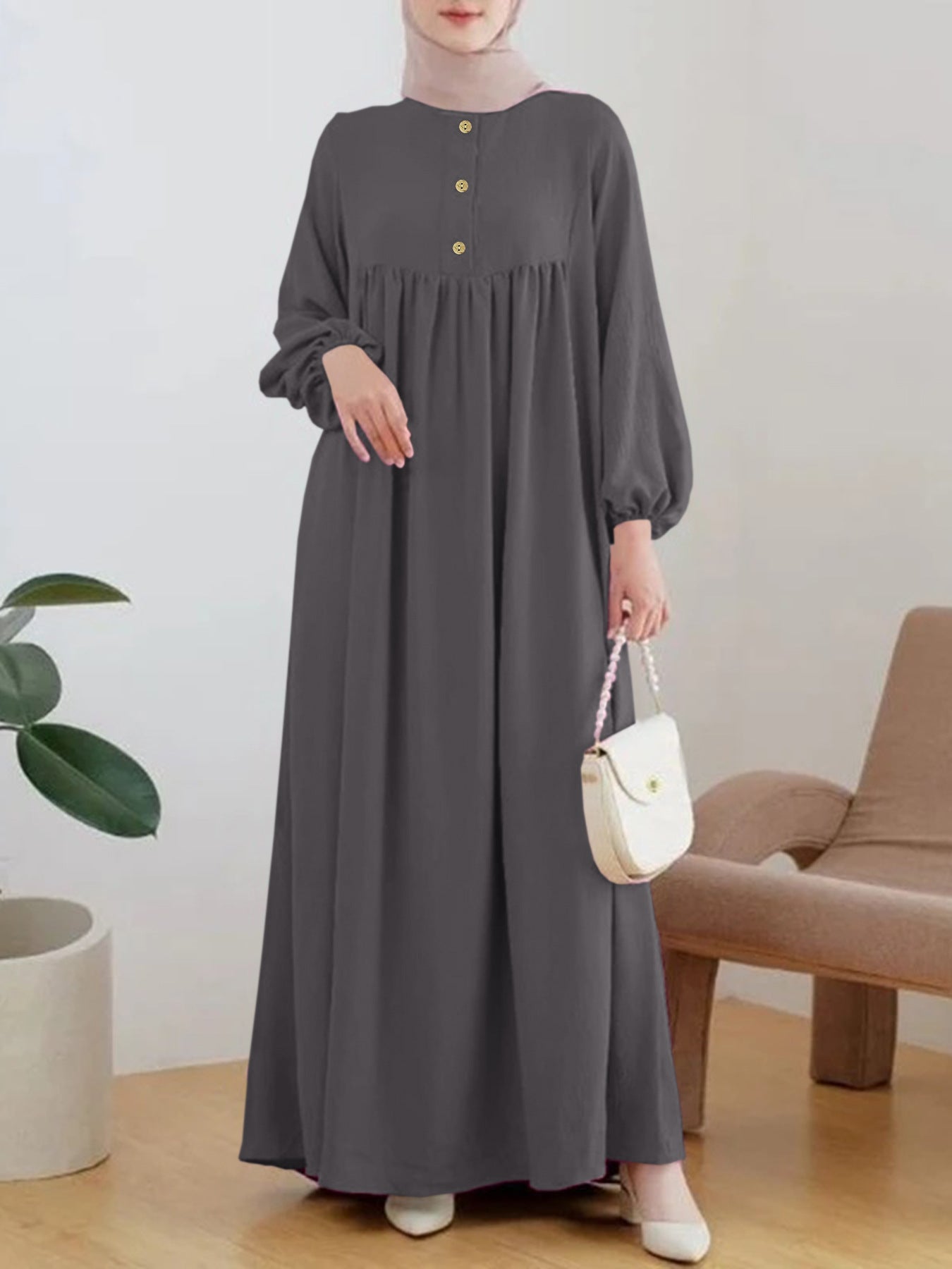 Robe maxi légère pour femme avec boutonnage confortable et élégantes manches bouffantes Chic und Stil