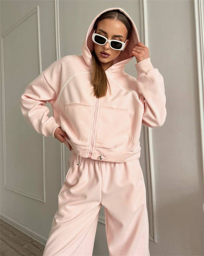 Chic and stylish women's hooded jacket and sweatpants set with side stripes