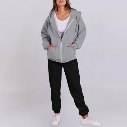 Women's casual zip-up hoodie with a comfortable fit and chic jogger pants