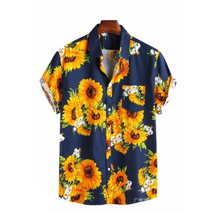 Chemise pour hommes à manches courtes avec motif coloré de tournesols et tissu en coton léger Chic und Stil