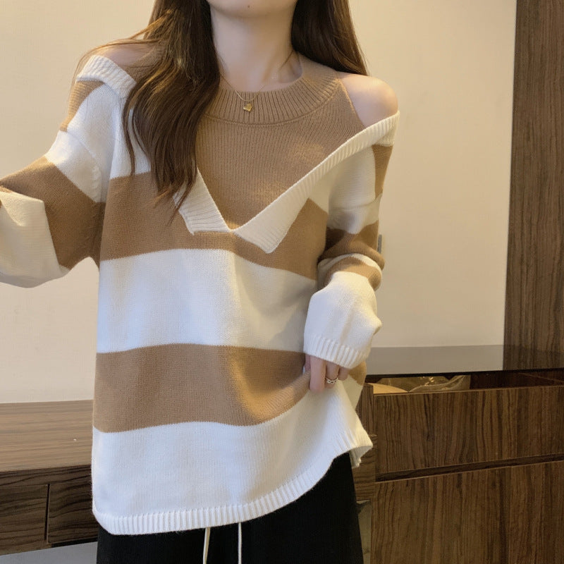 Ladies Oversized V-neck Pullover with trendy striped pattern and open shoulder design Chic and Style