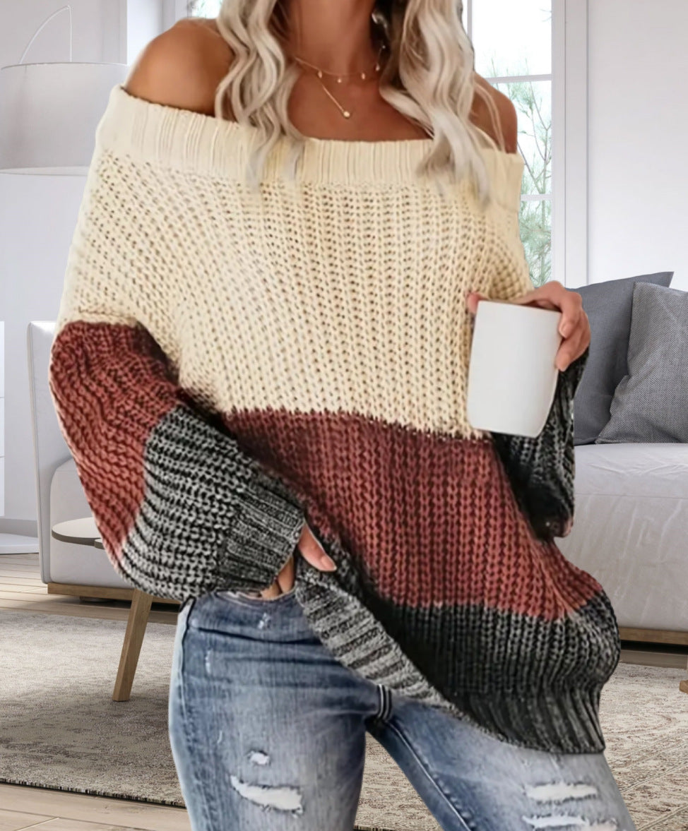 Dames Pull en tricot oversize décontracté avec décolleté dénudé et design de blocs de couleur tendance Chic und Stil