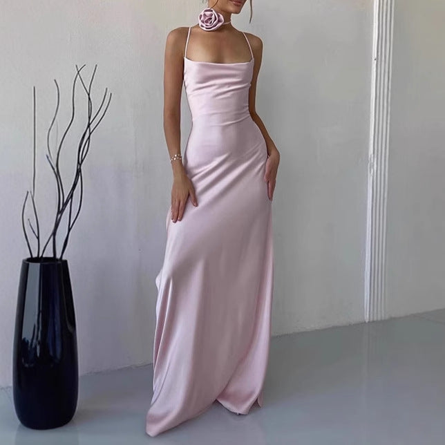 Dames Élégant Maxi-Robe en Coton de Sol avec Fins Bretelles Spaghetti et Décolleté Profond Chic und Stil