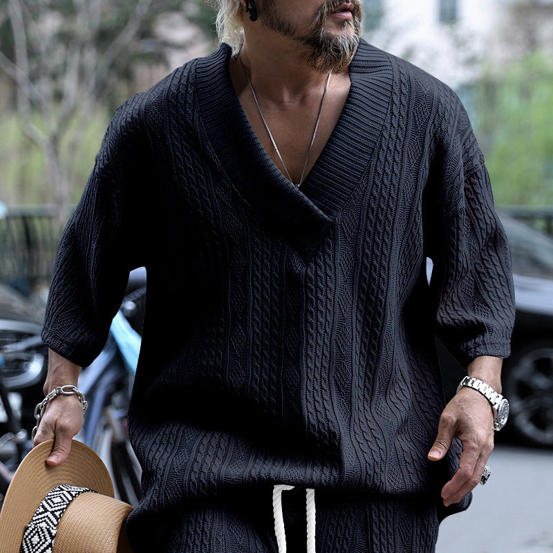 Men's casual knit pullover with V-neck and decorative cable pattern Chic and style