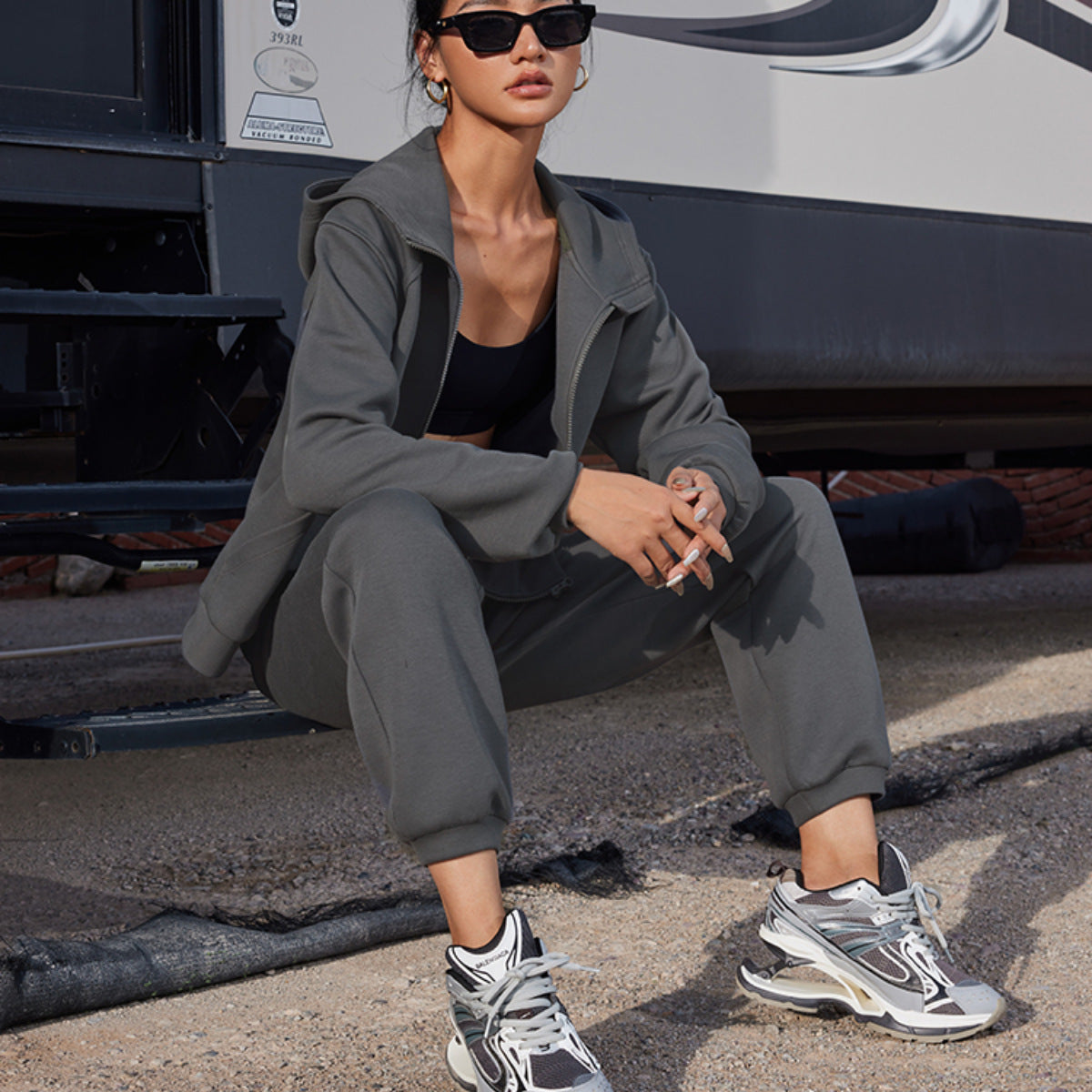 Sport leisure set for women with elegant zipper and wide pants Chic and Style