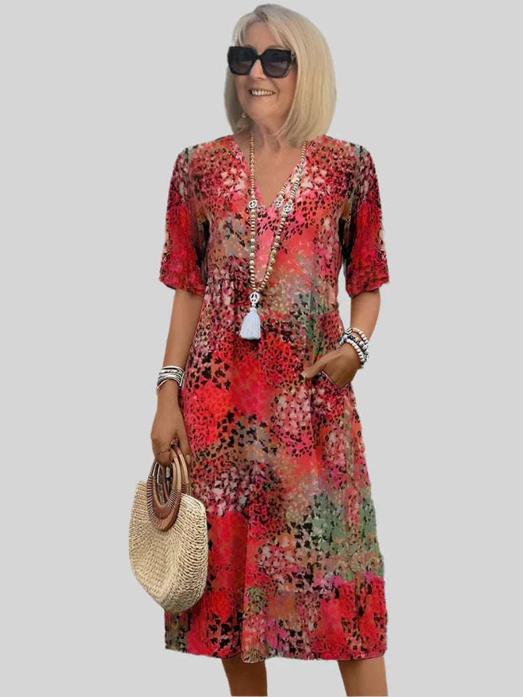 Femme Robe Midi Floral à Décolleté en V Chic und Stil