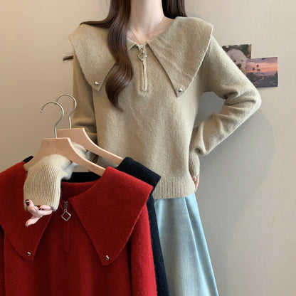 Dames pull tendance avec fermeture éclair originale et grand col Chic und Stil