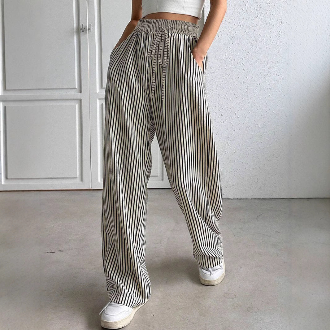 Wide striped pants for ladies with elastic waistband and pockets Chic and Style