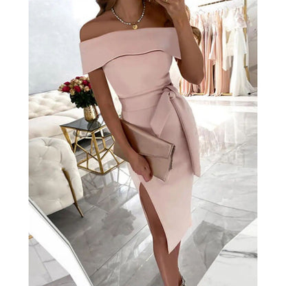 Robe bodycon élégante pour femmes à épaules dénudées avec fente latérale et détail de nœud Chic und Stil