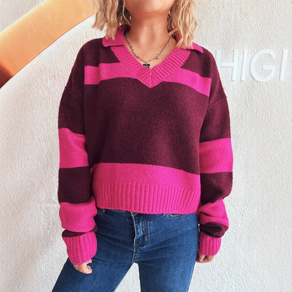 Pull en tricot pour femmes avec des rayures tendance et un col en V Chic und Stil