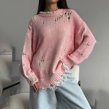 Ladies oversized knitted casual pullover with a unique hole pattern Chic and Style