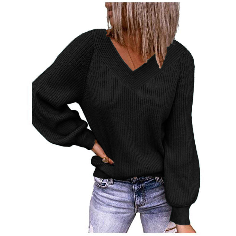 Pull en tricot pour femmes avec décolleté en V et manches bouffantes Chic und Stil