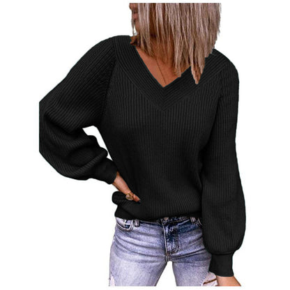 Pull en tricot pour femmes avec décolleté en V et manches bouffantes Chic und Stil