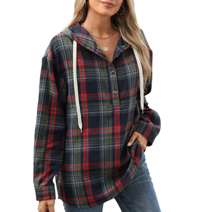 Dames Chemise à carreaux overshirt avec capuche et détails en boutons Chic und Stil