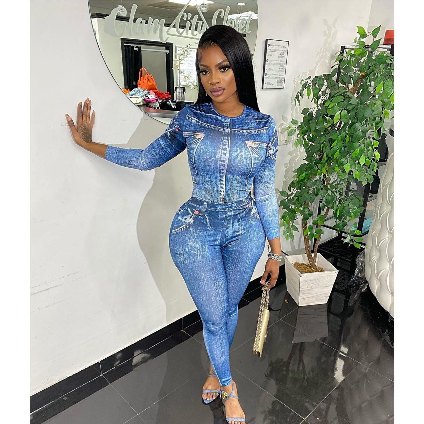 Ladies Long Sleeve Printed Denim Body Chic and Style