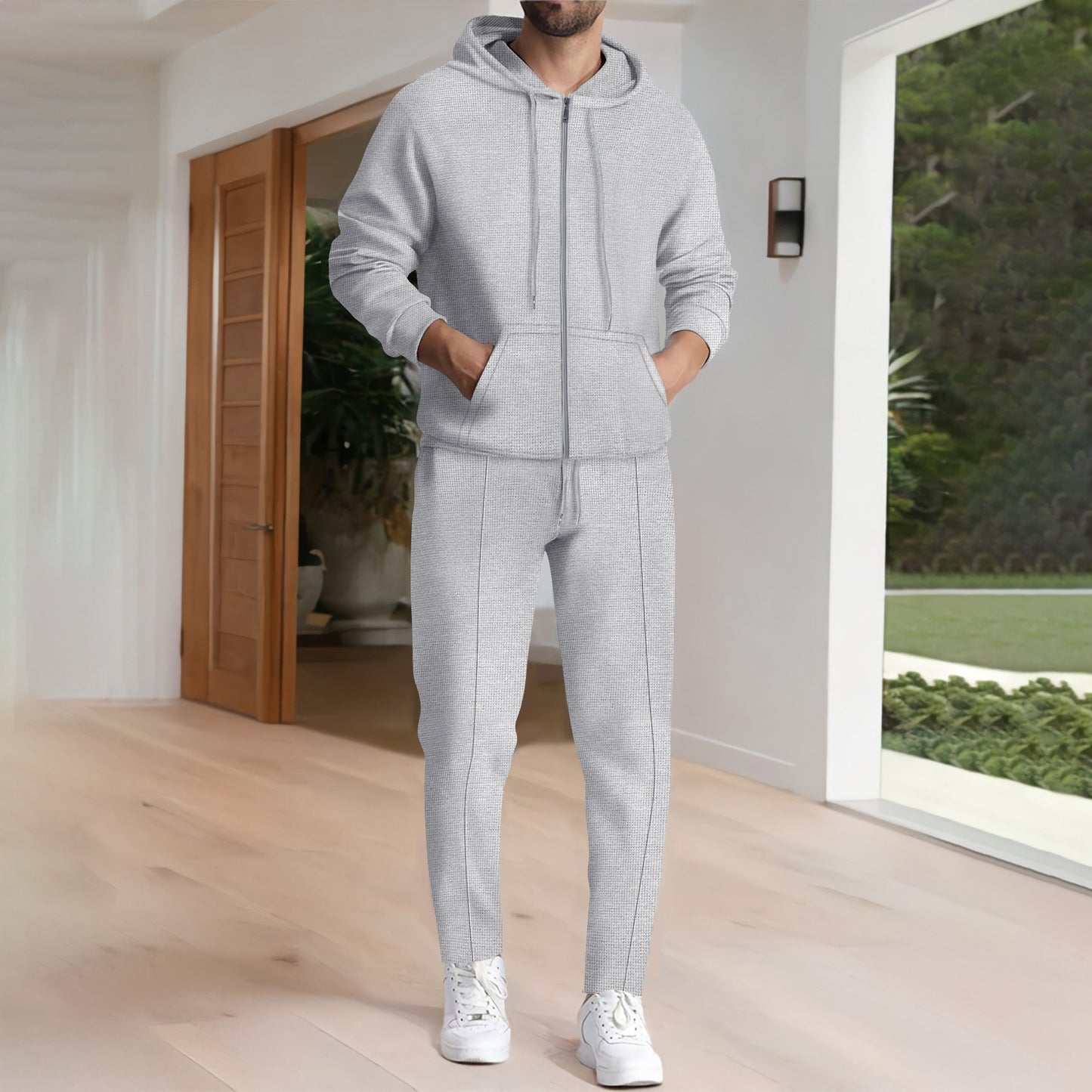 Men's leisure hoodie set and jogger pants with modern chic and style design